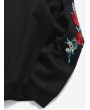  Flower Embroidery Applique Sleeve Drawstring Hoodie - Black L