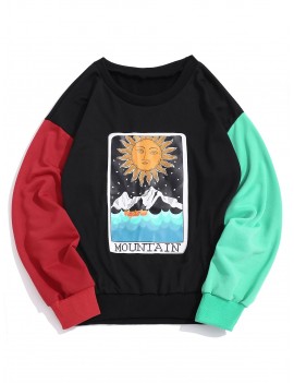  Cartoon Sun Mountain Graphic Color Block Splicing Sweatshirt - Black M