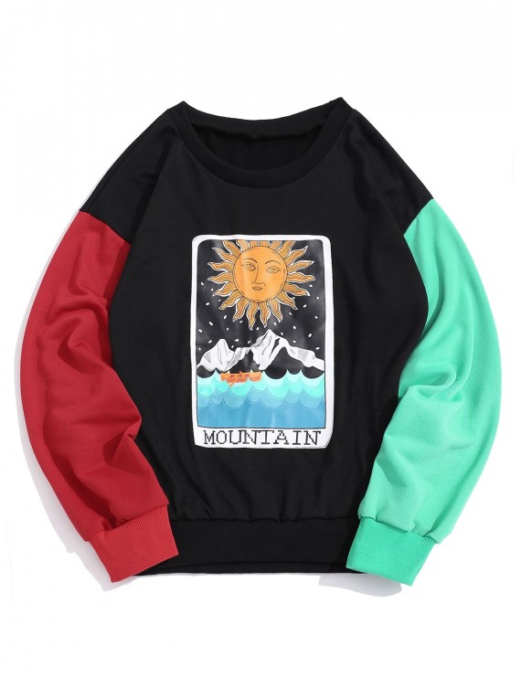  Cartoon Sun Mountain Graphic Color Block Splicing Sweatshirt - Black M