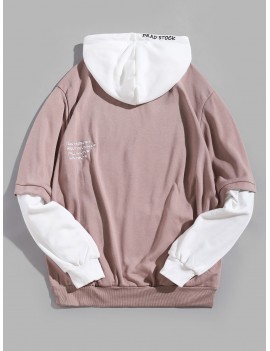 Contrast Faux Twinset Letter Embroidery Drawstring Hoodie - Pink Rose M
