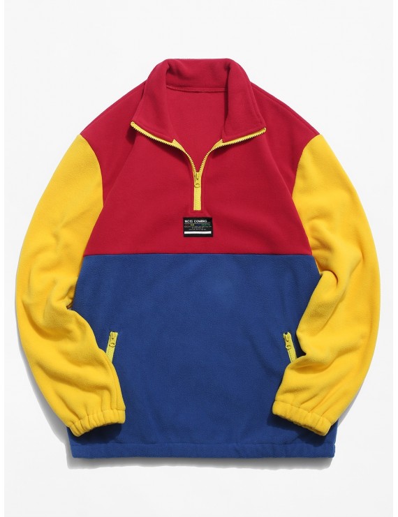 Colorblock Splicing Half Zipper Fuzzy Pullover Sweatshirt - Red L
