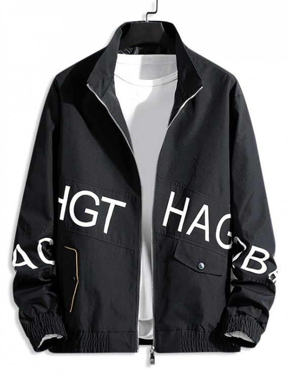 Letter Graphic Print Zip Up Casual Jacket - Black S