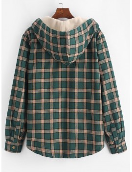 Plaid Chest Pocket Fleece Drawstring Hooded Jacket - Medium Sea Green M