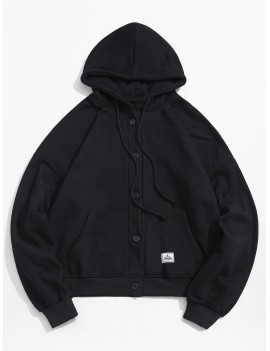Applique Solid Drop Shoulder Button Hooded Jacket - Black 3xl