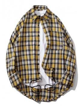 Plaid Chest Pocket High Low Drop Shoulder Button Shirt - Yellow M