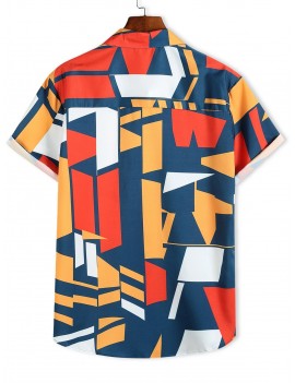 Color Blocking Geometric Print Button Up Vacation Shirt - Multi M