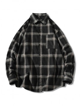 Plaid Long Sleeve Chest Pocket Button Shirt - Black L