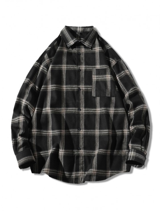 Plaid Long Sleeve Chest Pocket Button Shirt - Black L