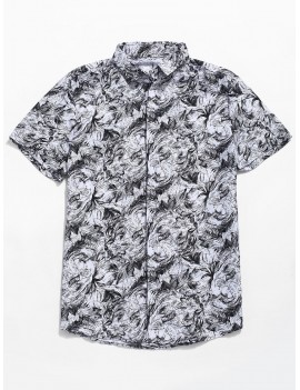 Palm Leaf Print Button Up Shirt - White M