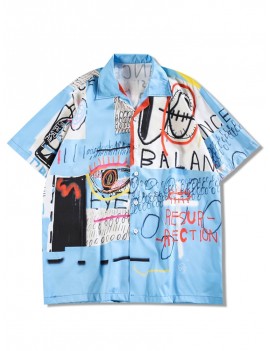Letters Painting Graphic Print Casual Shirt - Deep Sky Blue M