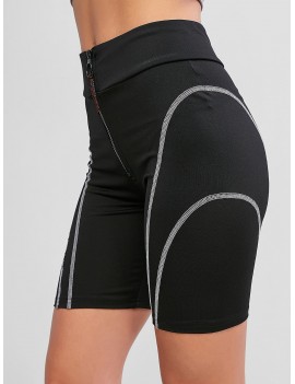 Stitching Zip Front High Waisted Biker Shorts - Black L