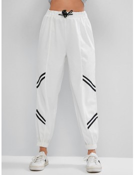 Striped Panel Drawstring High Waisted Jogger Pants - White S