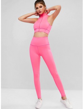 Neon Padded Zip High Waistband Two Piece Yoga Gym Suit - Rose Red M