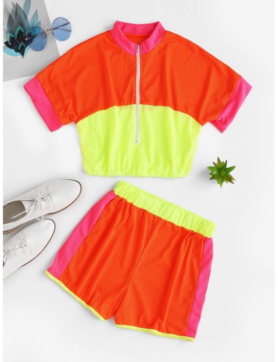 Half Zip Breathable Contrast Neon Shorts Set - Multi-b S