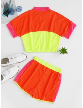 Half Zip Breathable Contrast Neon Shorts Set - Multi-b S