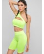 One Shoulder Cut Out Neon Biker Shorts Set - Tea Green L