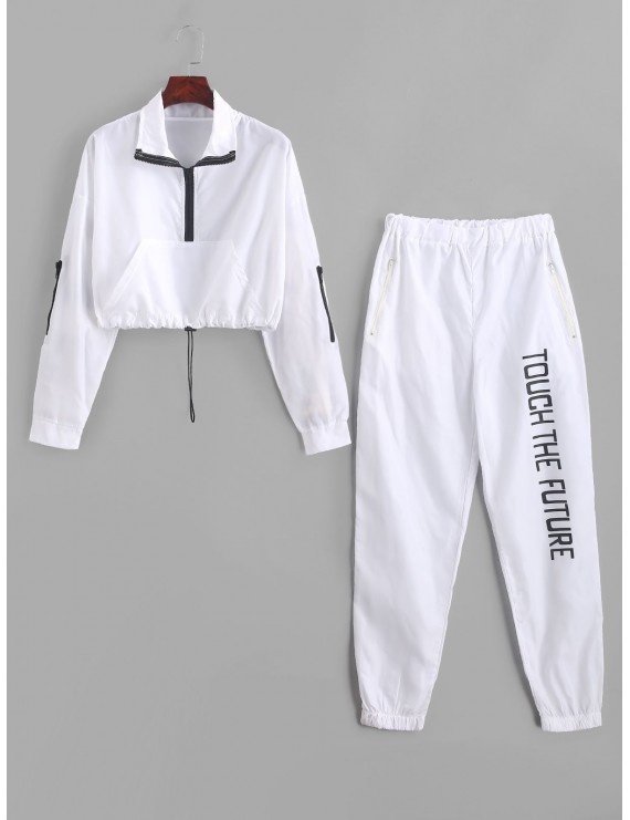 Letter Graphic Front Pocket Windbreaker Two Piece Suit - White M