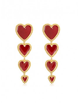 Heart Long Drop Earrings - Lava Red
