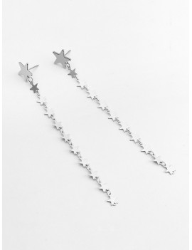 Star Design Long Dangle Earrings - Silver