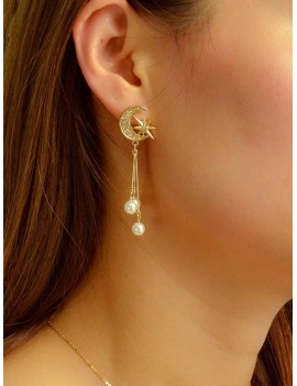 Star Moon Rhinestone Faux Pearl Earrings - Gold