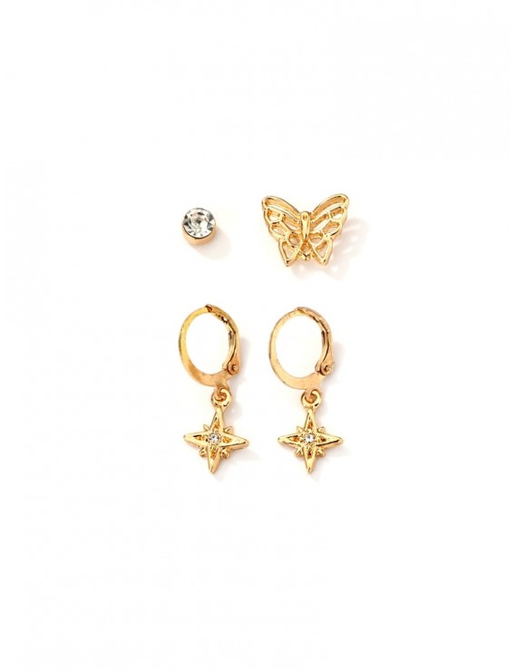 Butterfly Star Rhinestone Earring Set - Gold