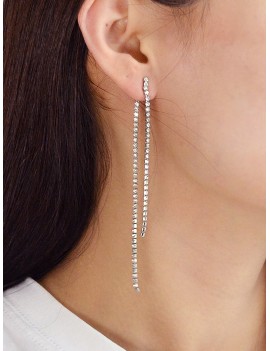 Long Tassel Rhinestone Stud Earrings - Silver