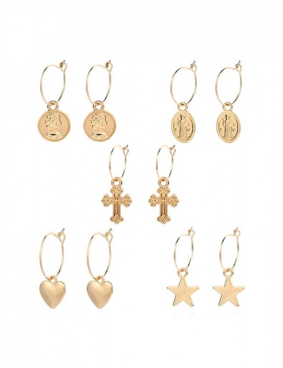 Geometric Star Heart Cross Design Metal Drop Earrings Set - Gold
