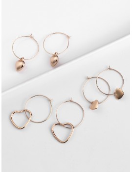 3Pairs Valentine Heart Shape Hoop Earrings Set - Gold