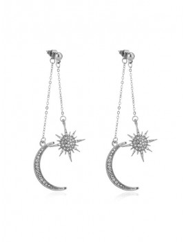 Moon Star Rhinestone Tassel Earrings - Silver