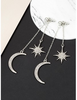 Moon Star Rhinestone Tassel Earrings - Silver