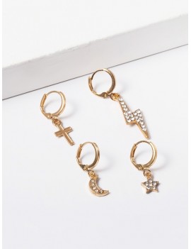 4Pcs Cross Moon Rhinestone Earrings Set - Gold