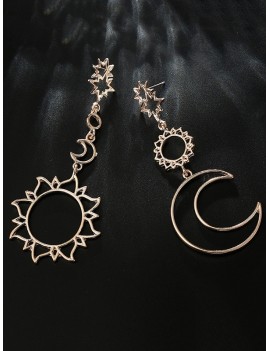 Sun Moon Hollow Dangle Earrings - Rose Gold