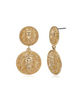 Lion Head Engraved Disc Dangle Earrings - Gold