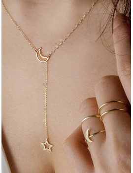 Simple Moon Star Chain Necklace And Rings Set - Gold