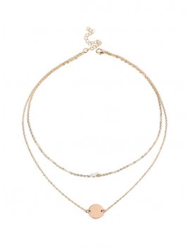 Layered Artificial Pearl Disc Chain Necklace - Gold 42+46+7