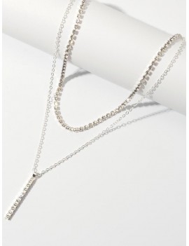 Double Layered Rhinestone Bar Necklace - Silver