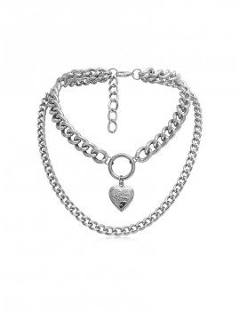 Heart Link Chain Layers Necklace - Silver