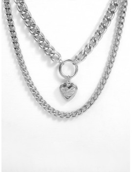 Heart Link Chain Layers Necklace - Silver