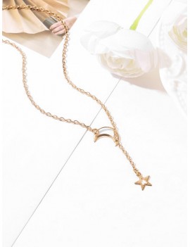 Hollowed Crescent Star Chain Necklace - Gold