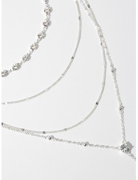 2Pcs Rhinestone Chain Layered Necklace Set - Silver