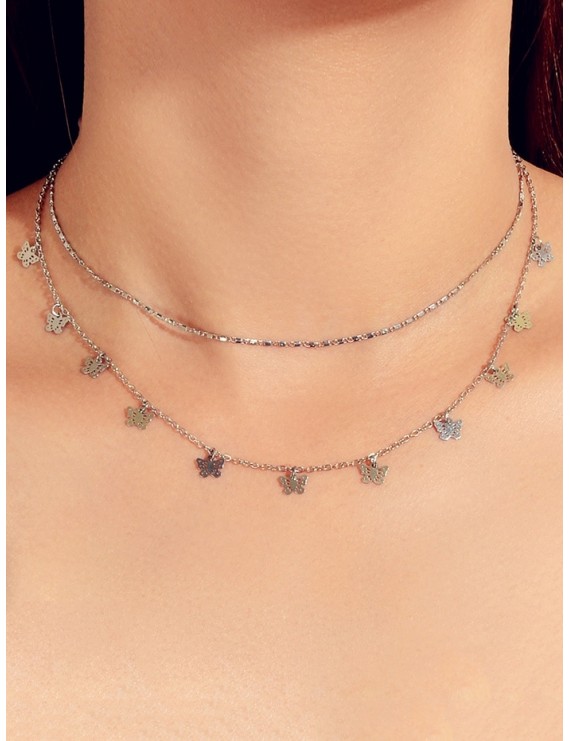 Hollowed Double Layered Butterfly Necklace - Silver