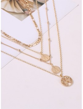 Round Retro Letter Map Multilayered Chain Necklace - Gold
