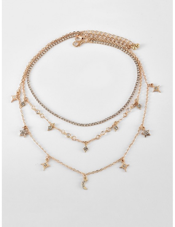 Full Rhinestone Star Moon Layered Chain Necklace - Gold