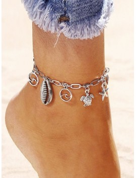Shell Starfish Turtle Charm Anklet - Silver