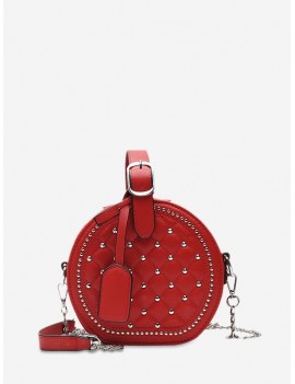 Chain Rhombic Rivet Small Round Shoulder Bag - Red Wine