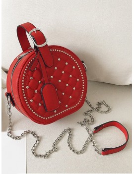 Chain Rhombic Rivet Small Round Shoulder Bag - Red Wine