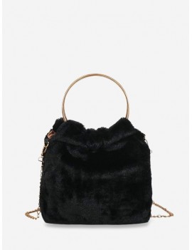 Metal Handle Faux Fur Chain Handbag - Black