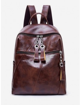 Zip Pocket PU Leather School Bag - Coffee