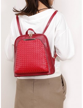 Casual Solid Zipper Weaving Backpack - Red Wine
