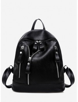 Faux Leather Zipper Backpack - Black
